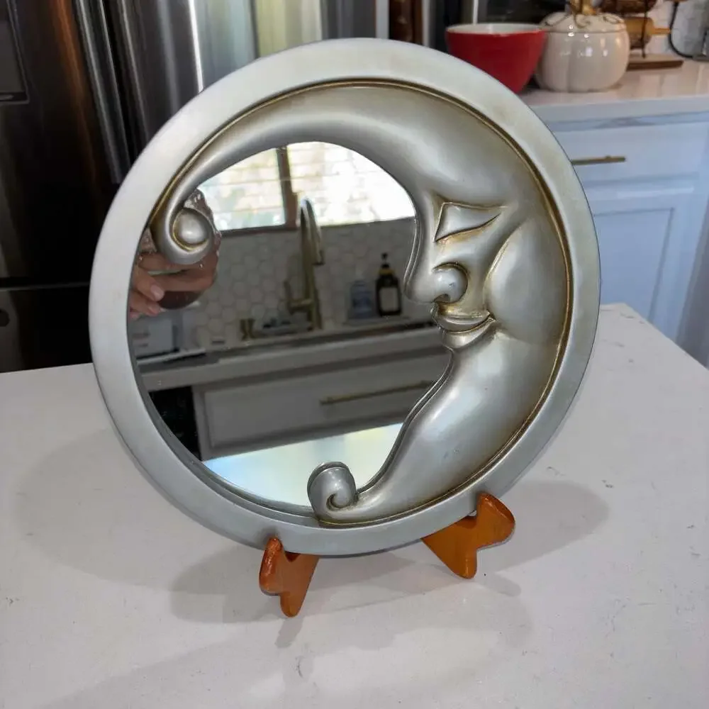 Vintage 90s Celestial Man in the Moon Face Silver and Gold Wall Mirror 9.5”